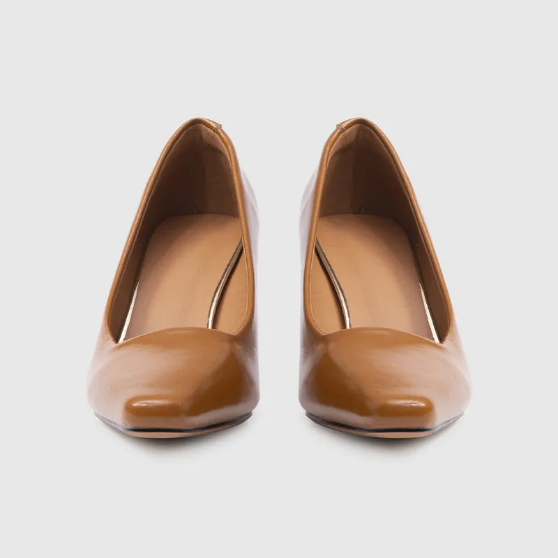 Square Toe Chunky Heeled Pumps Brown