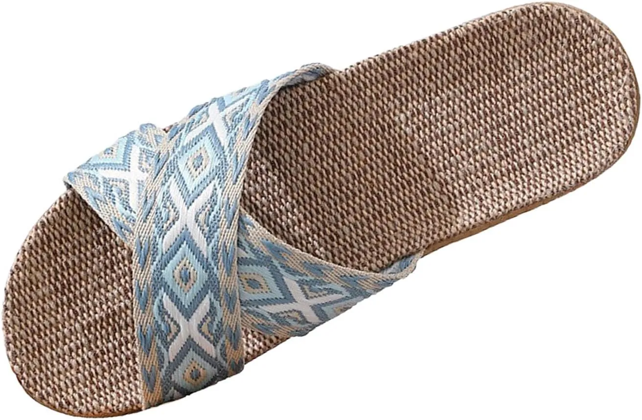 Unisex Linen Slippers Summer Skidproof Indoor Slippers Flax Men Women Boho House Slipper Open-Toe Breathable Beach Shoes