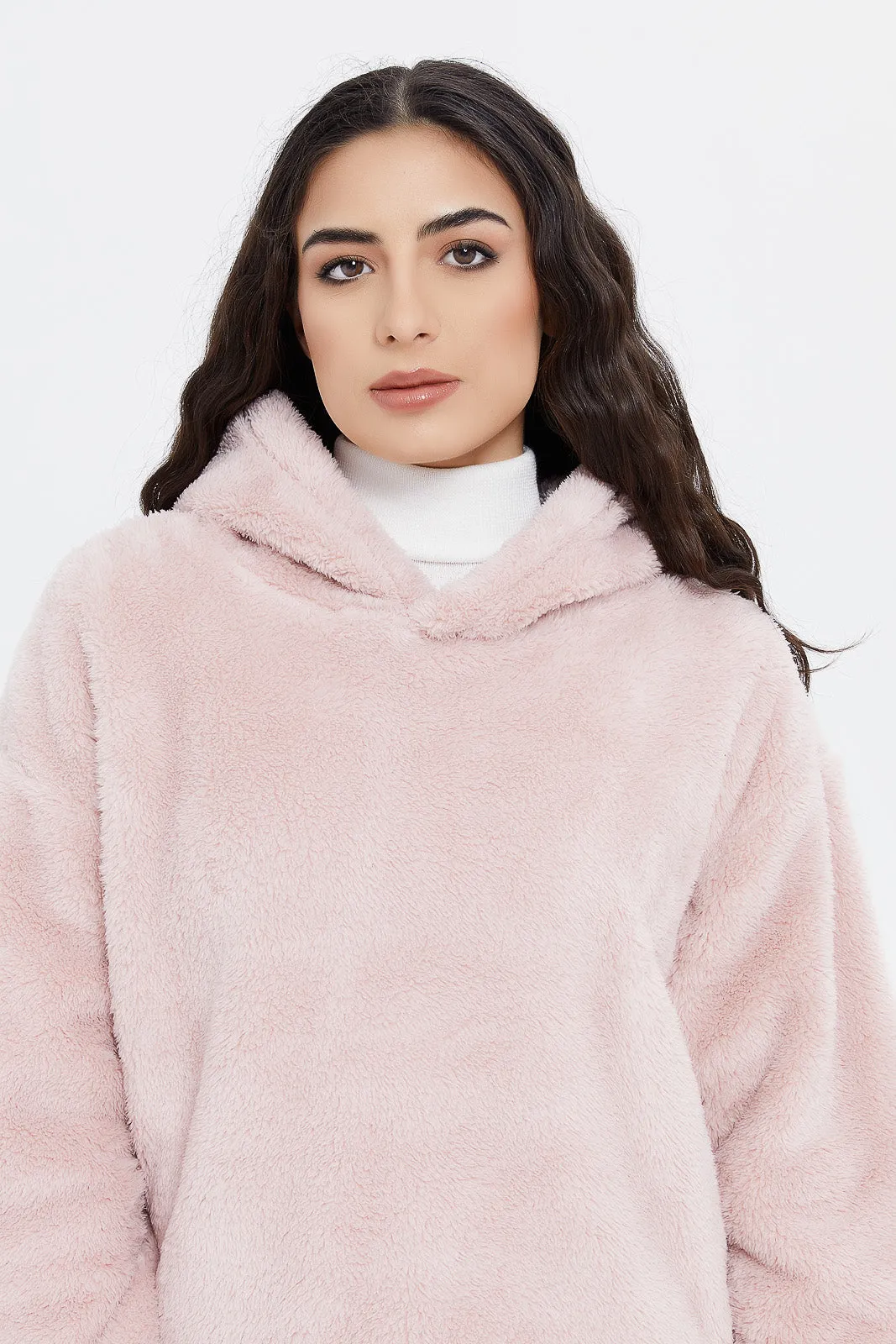Women Pink Polar Fleece Hoodie Sweatshirt