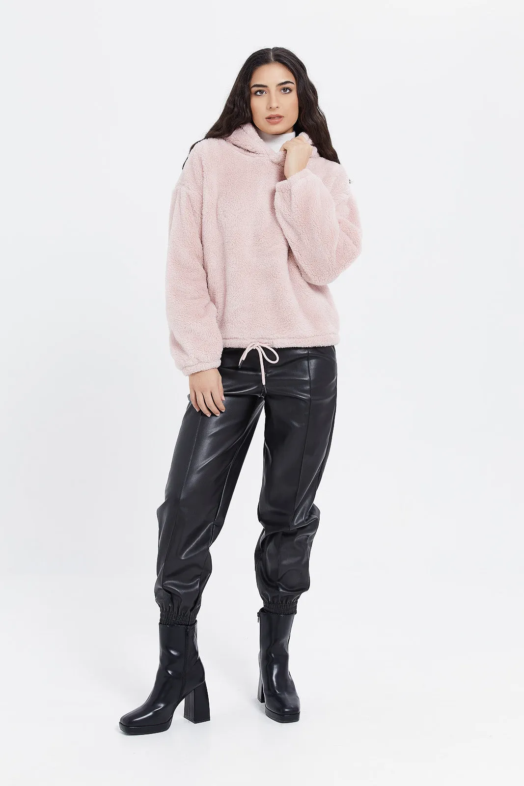 Women Pink Polar Fleece Hoodie Sweatshirt