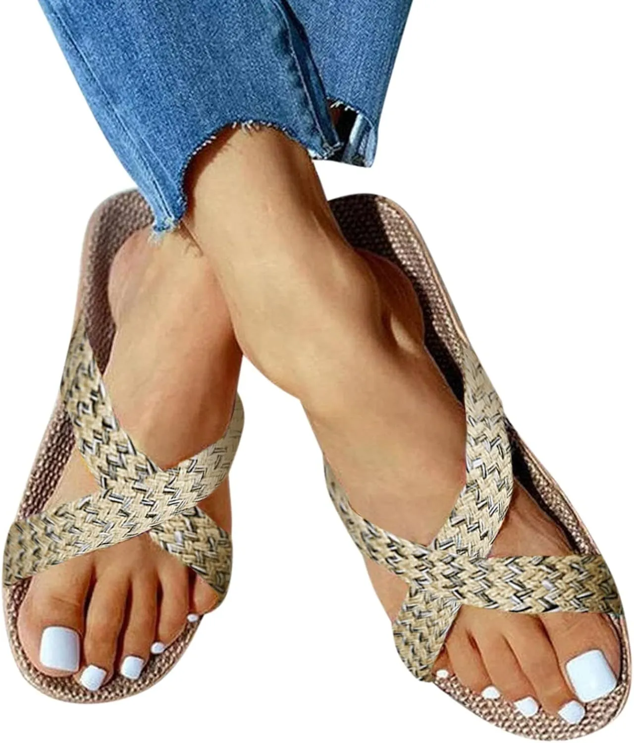Women's Summer Slippers Flax Cross Skidproof House Slippers Linen Summer Beach Slides Open Toe Casual Flat Sandals