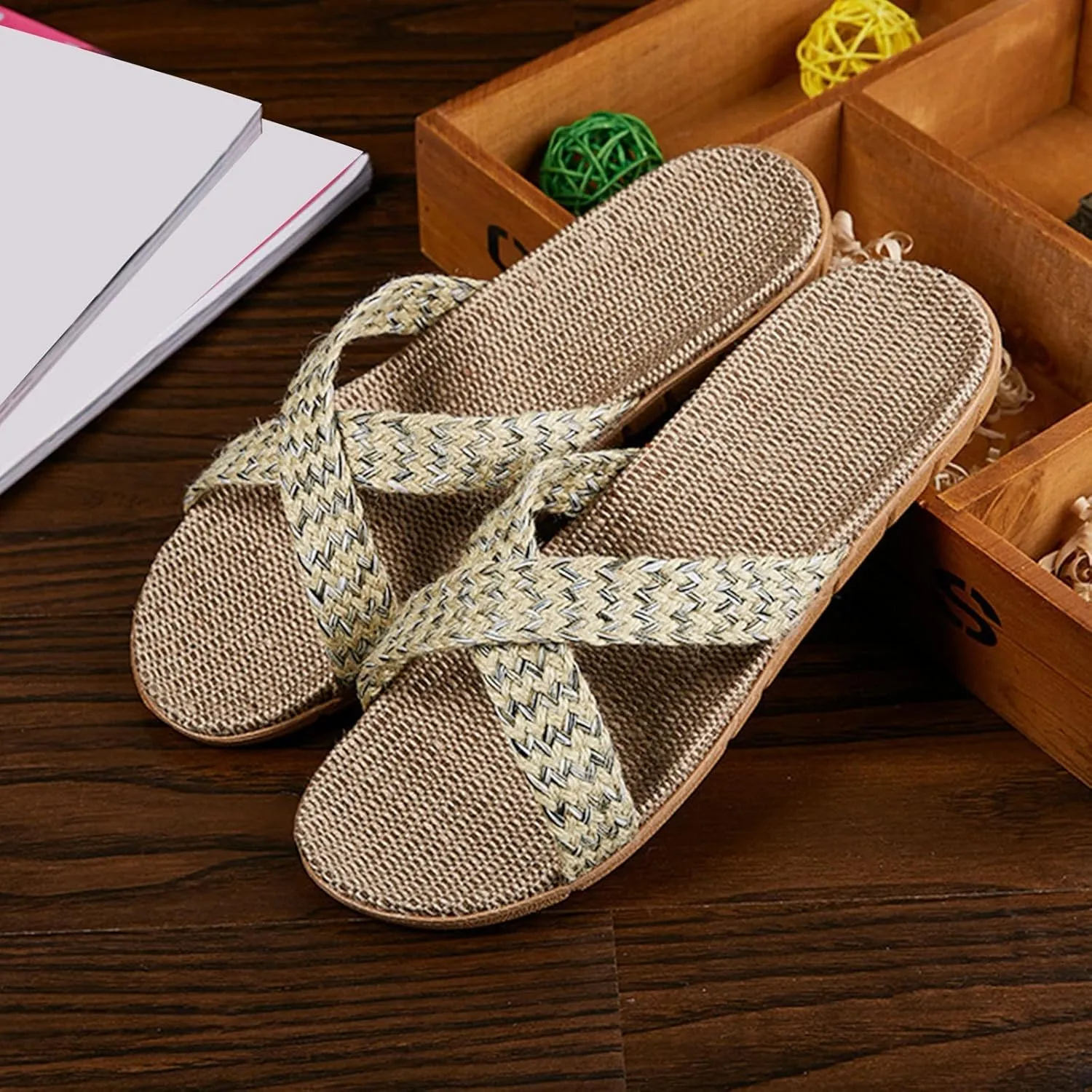 Women's Summer Slippers Flax Cross Skidproof House Slippers Linen Summer Beach Slides Open Toe Casual Flat Sandals