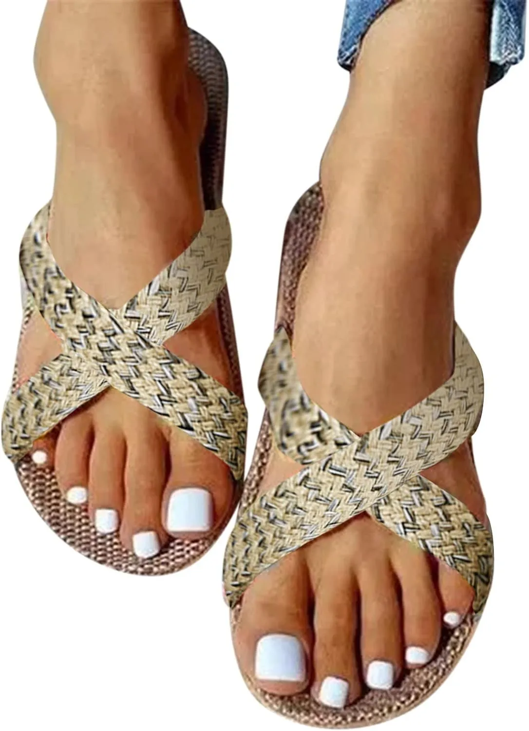 Women's Summer Slippers Flax Cross Skidproof House Slippers Linen Summer Beach Slides Open Toe Casual Flat Sandals