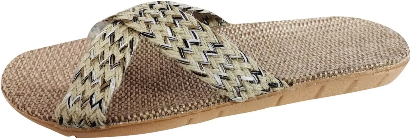 Women's Summer Slippers Flax Cross Skidproof House Slippers Linen Summer Beach Slides Open Toe Casual Flat Sandals