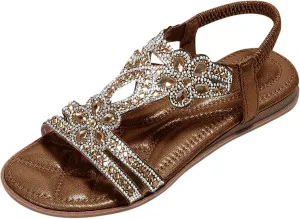 Womens Wedge Sandals Rhinestone Open Toe Slingback Sandals with Elastic Ankle Strap Orthotic Bohemian Beach Shoes